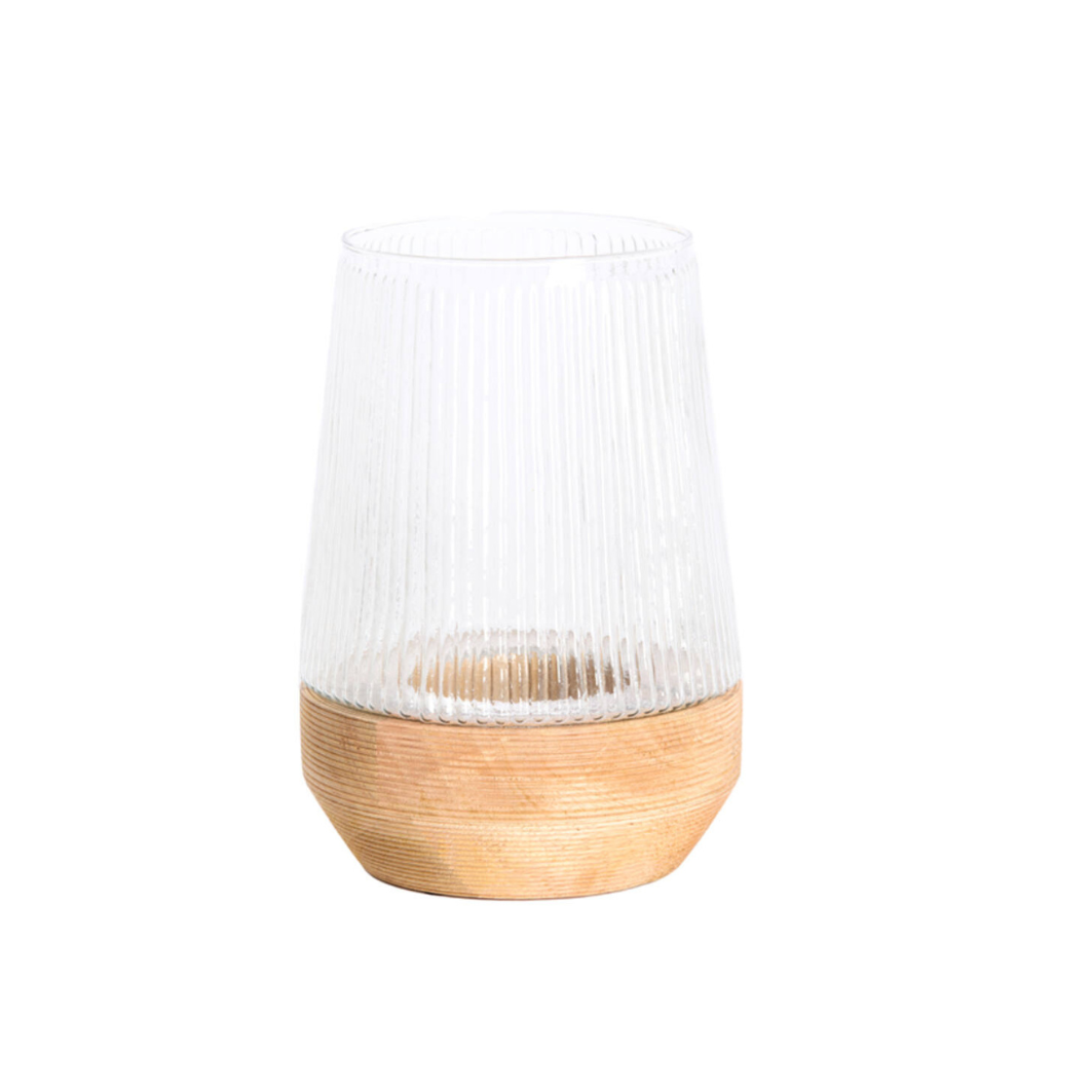 Windlicht Minas Ø18x26 cm glas ribbel helder+hout naturel