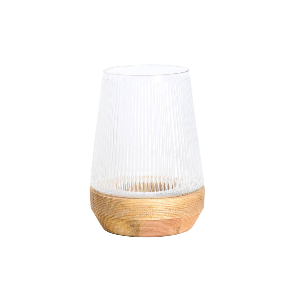 Windlicht Minas Ø20x30 cm glas ribbel helder+hout naturel