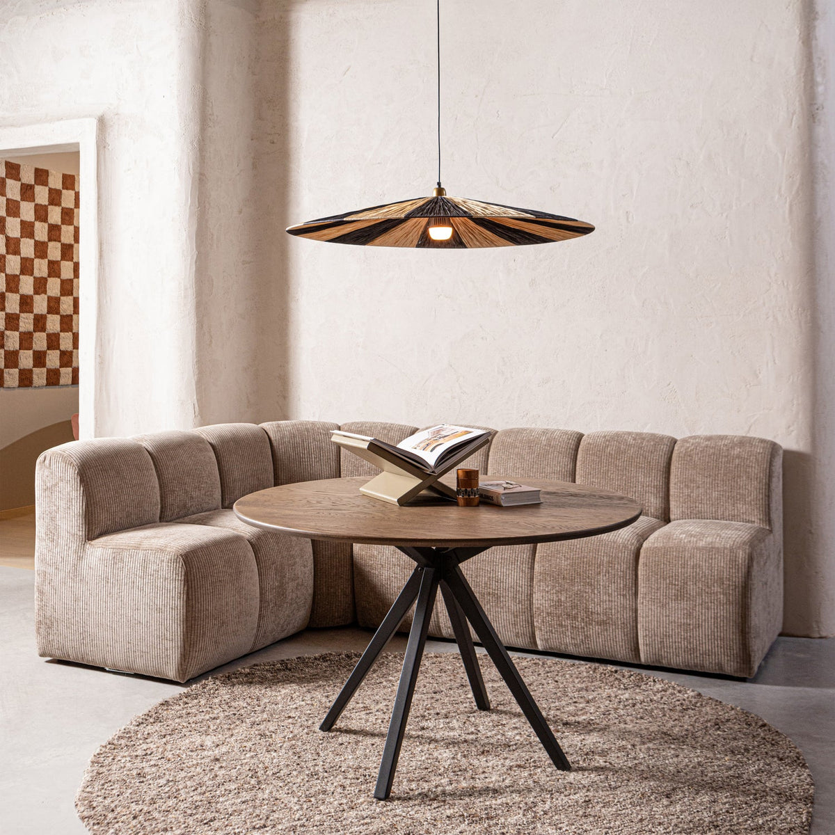 MOJO CORNER DINING BENCH WITH BACKREST, RIB FABRIC, DARK SAND