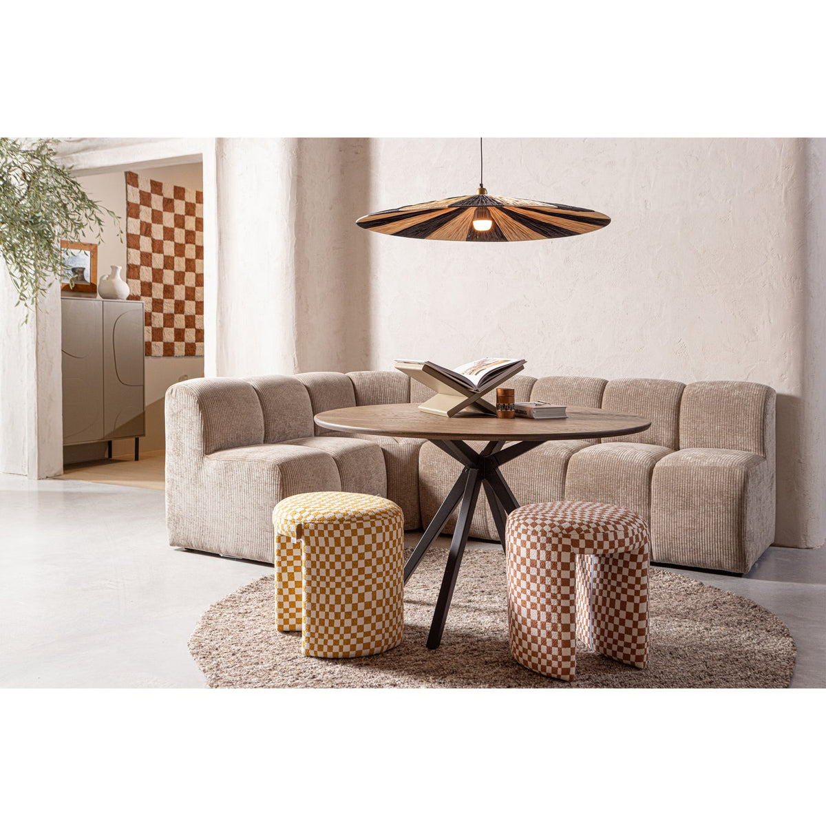 MOJO CORNER DINING BENCH WITH BACKREST, RIB FABRIC, DARK SAND