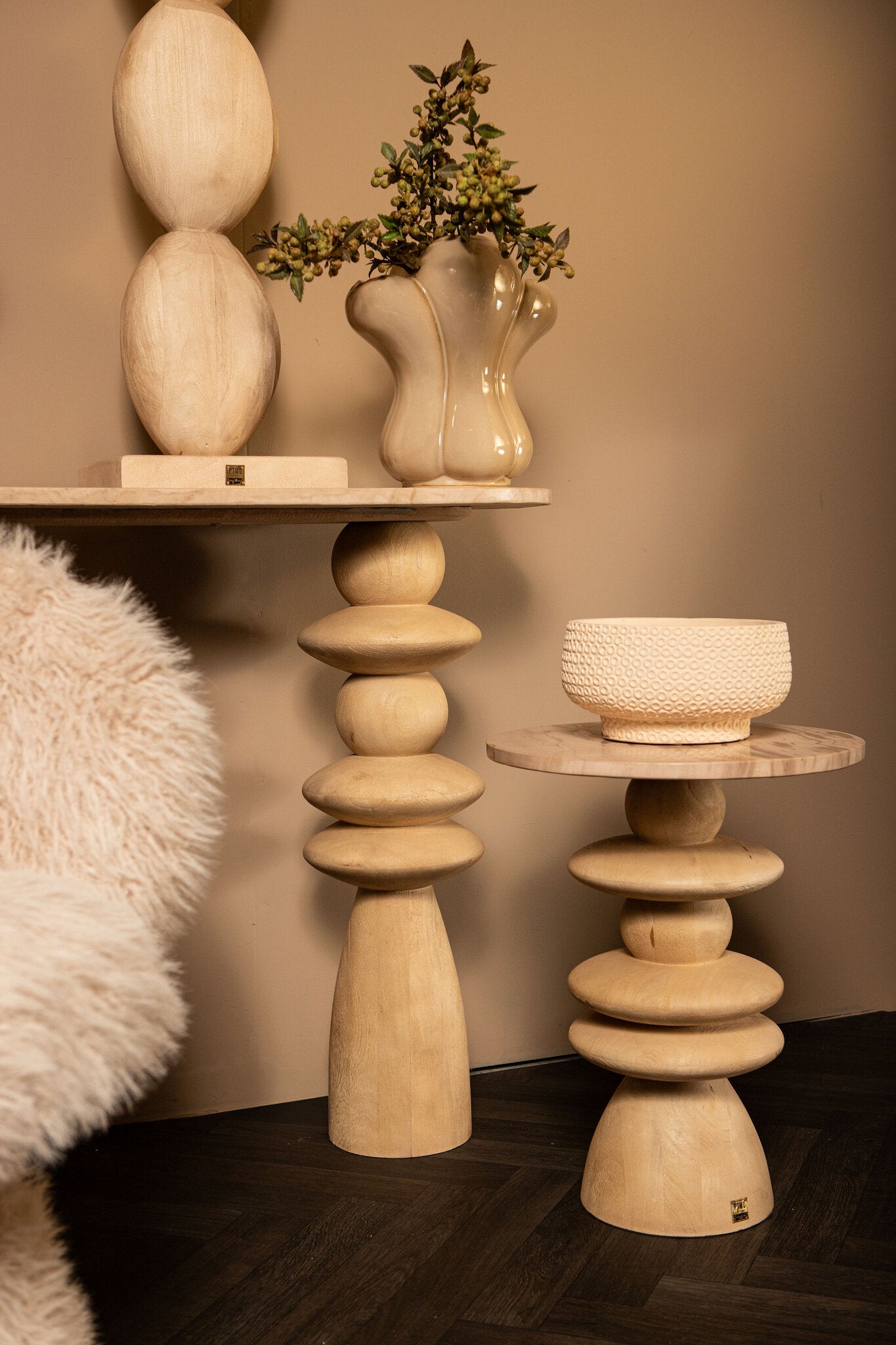 Callain Natural Mango Wood Side Table Marble Oval