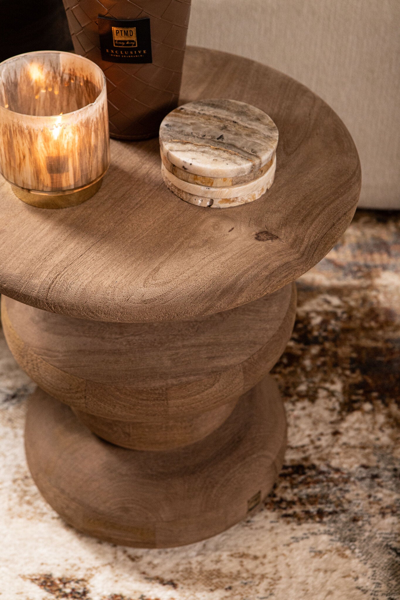 Keven Natural Mango Wood Ribbed Sidetable Round