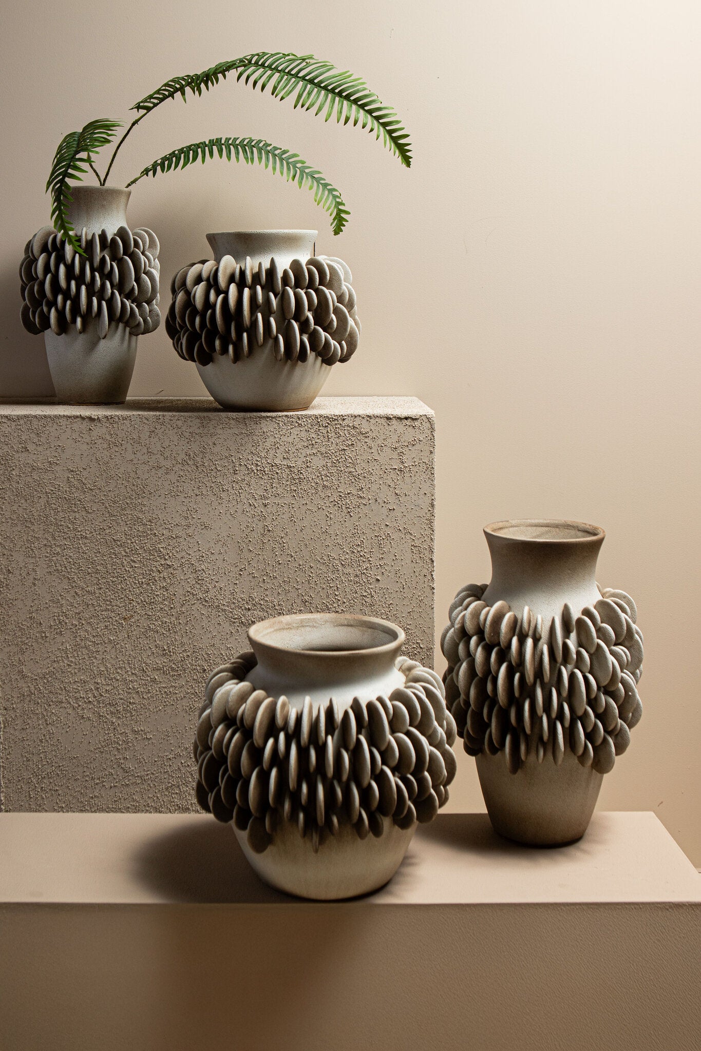 Wina Beige Ceramic Vase With Round Scales Low L