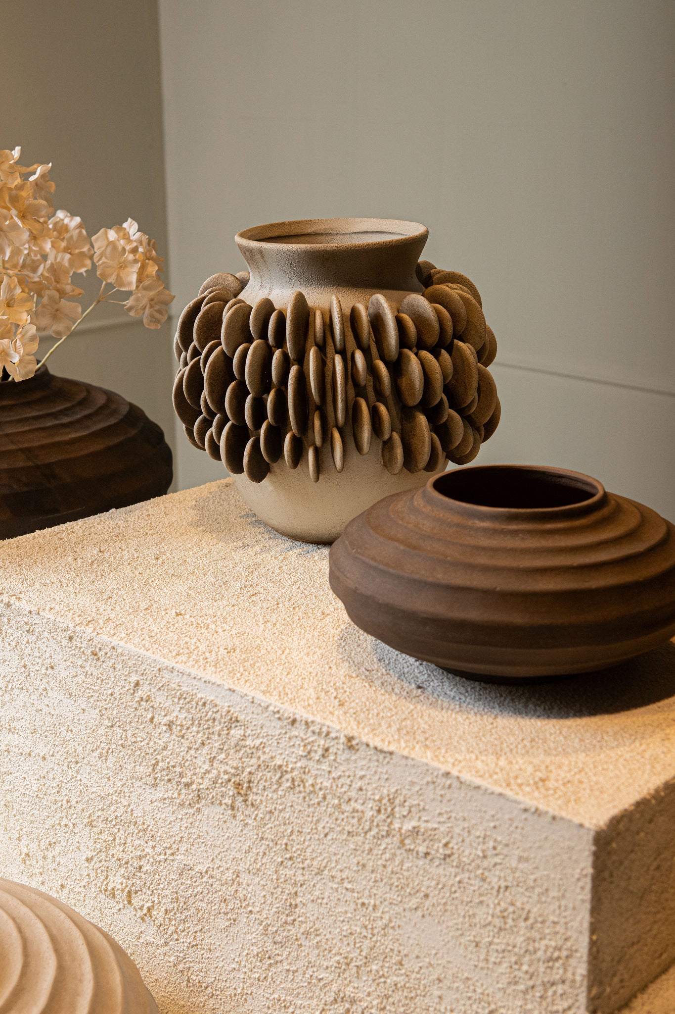 Wina Beige Ceramic Vase With Round Scales High S