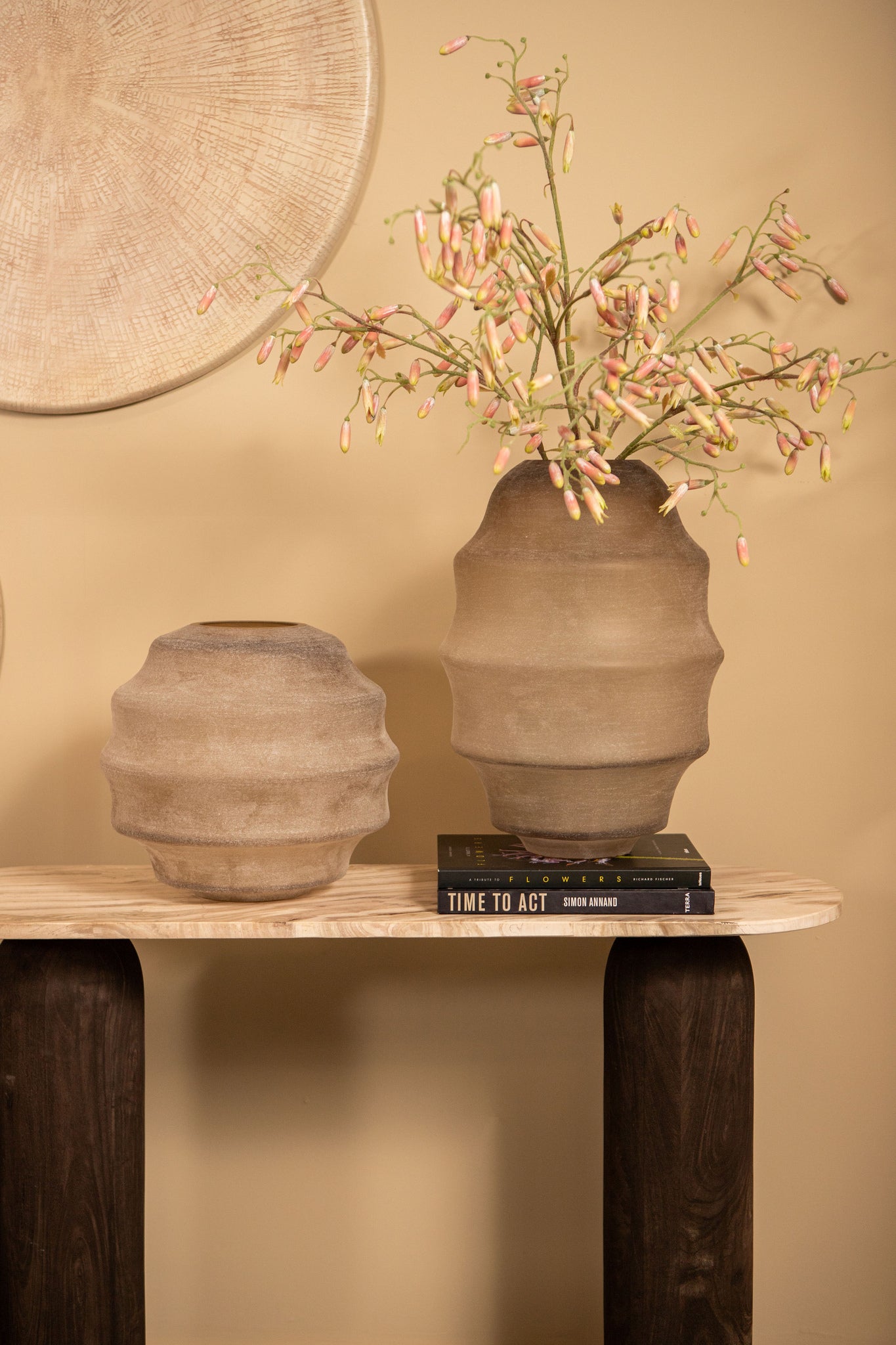 Elladie Beige Round Glass Layered Vase Low