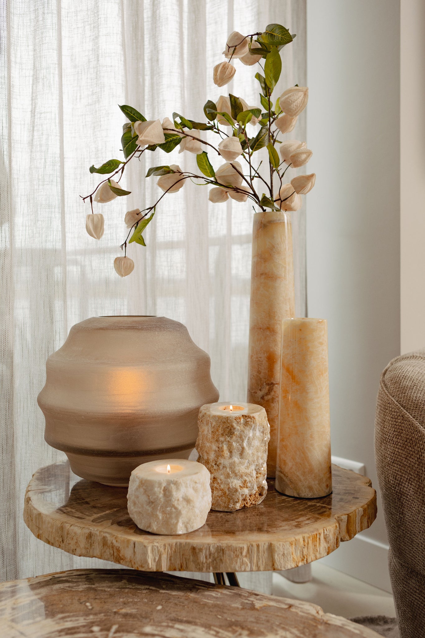 Elladie Beige Round Glass Layered Vase Low
