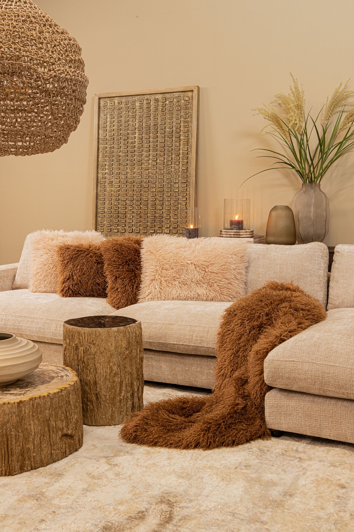 Natae Beige Round Glass Ribbed Vase High