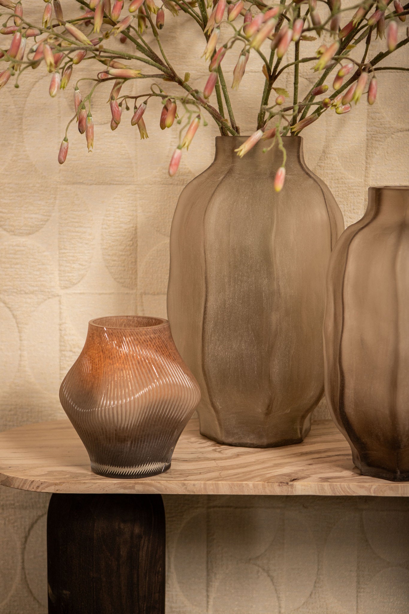 Natae Beige Round Glass Ribbed Vase High