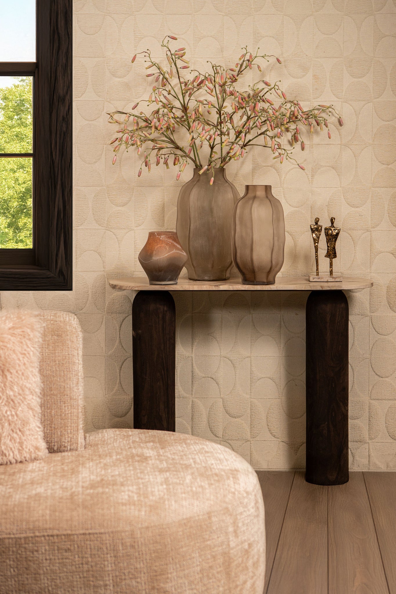 Natae Beige Round Glass Ribbed Vase High