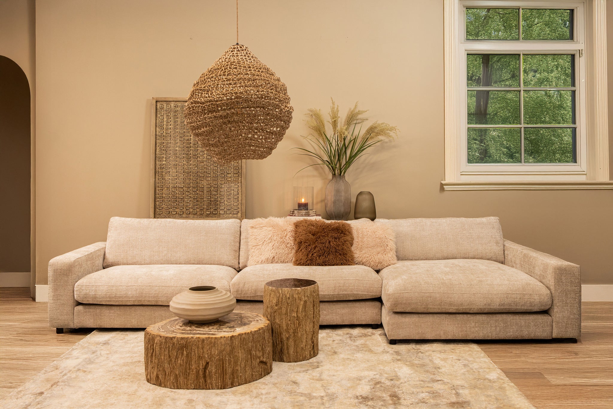 Natae Beige Round Glass Ribbed Vase High