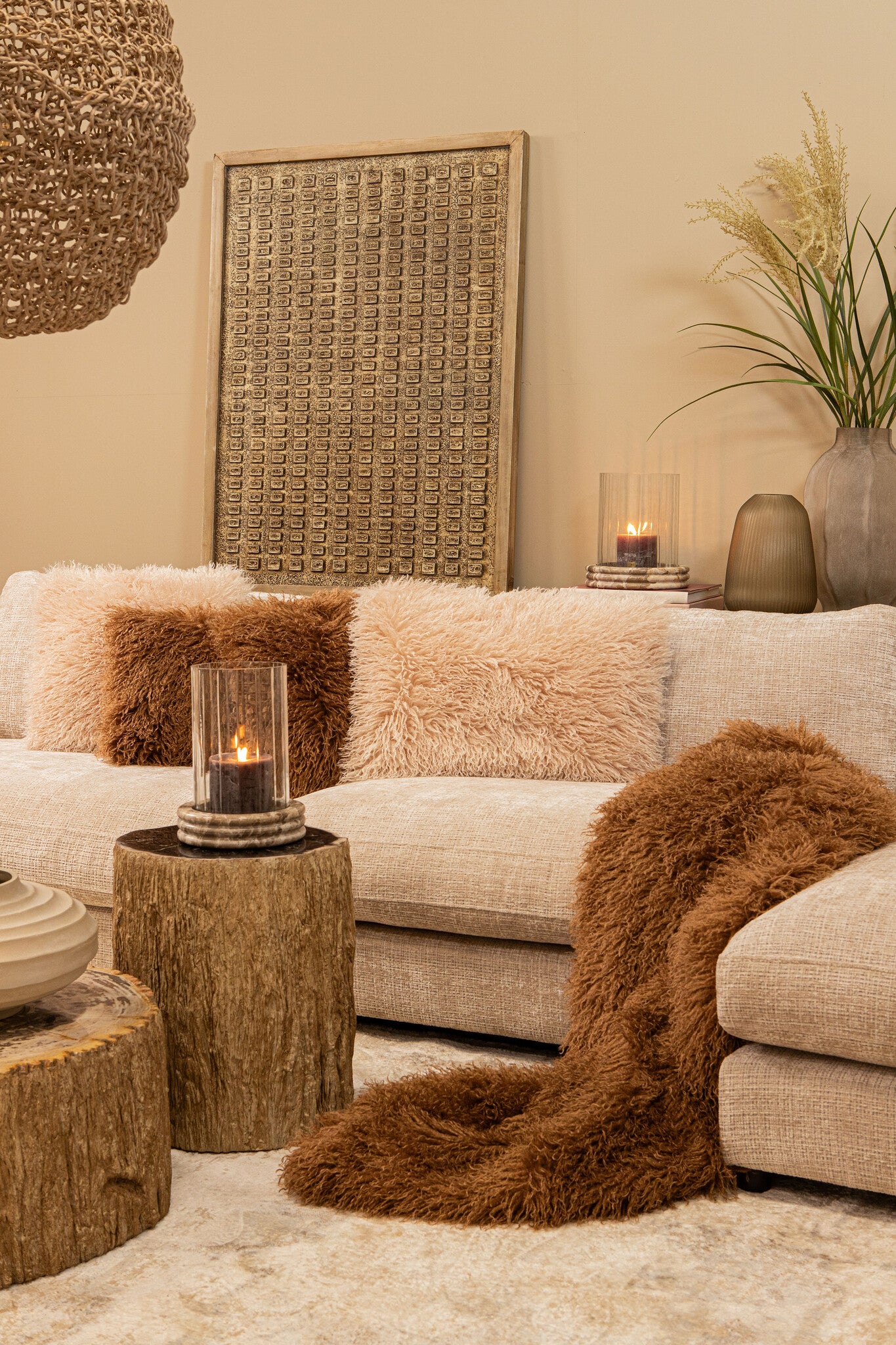 Natae Beige Round Glass Ribbed Vase High