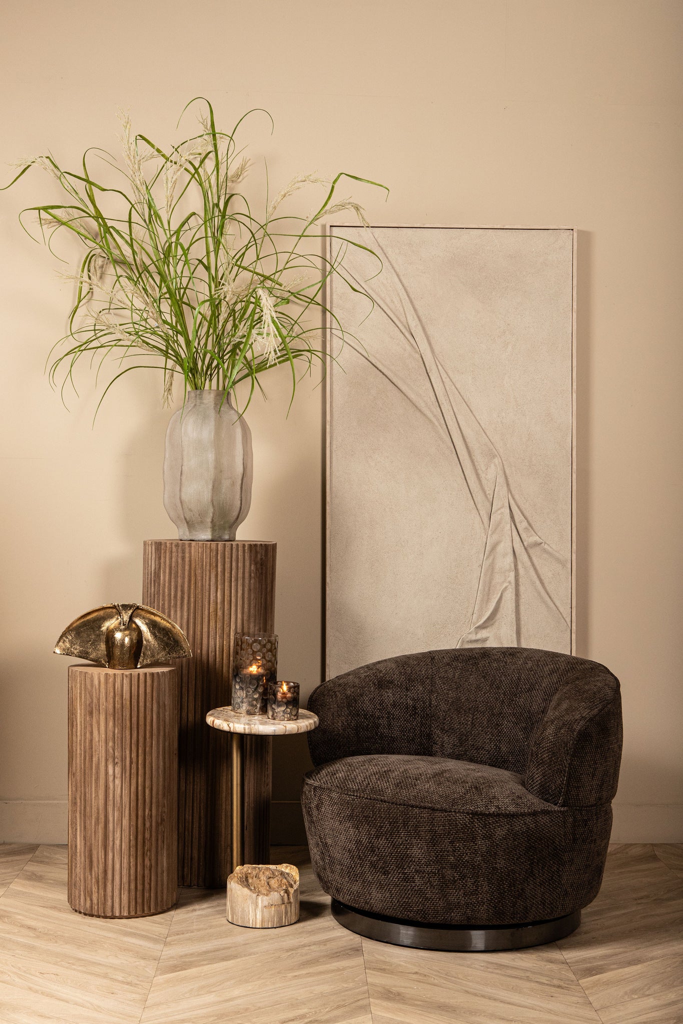 Natae Beige Round Glass Ribbed Vase High