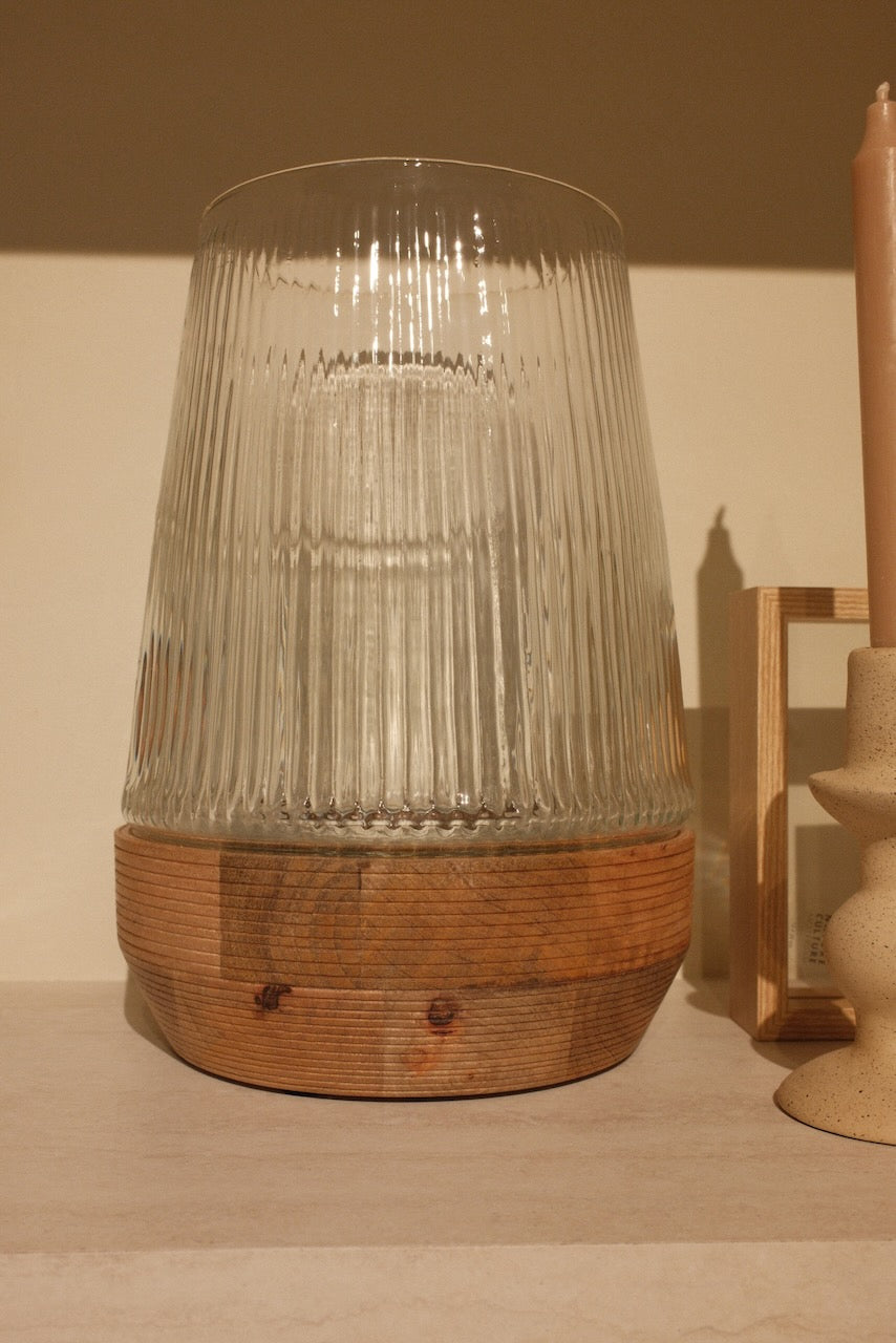 Minas lantern Ø20x30 cm glass ribbed clear + natural wood