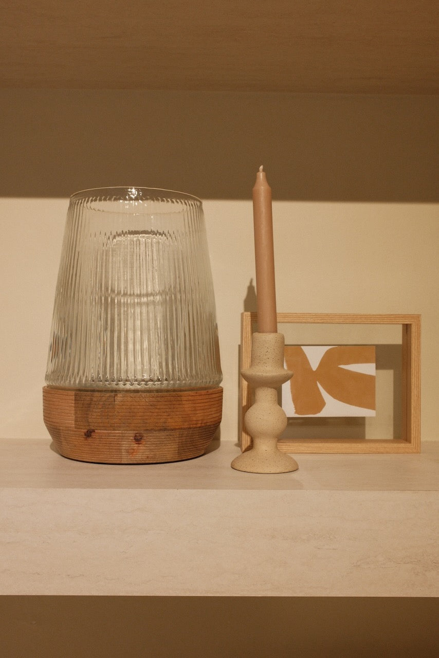Minas lantern Ø20x30 cm glass ribbed clear + natural wood